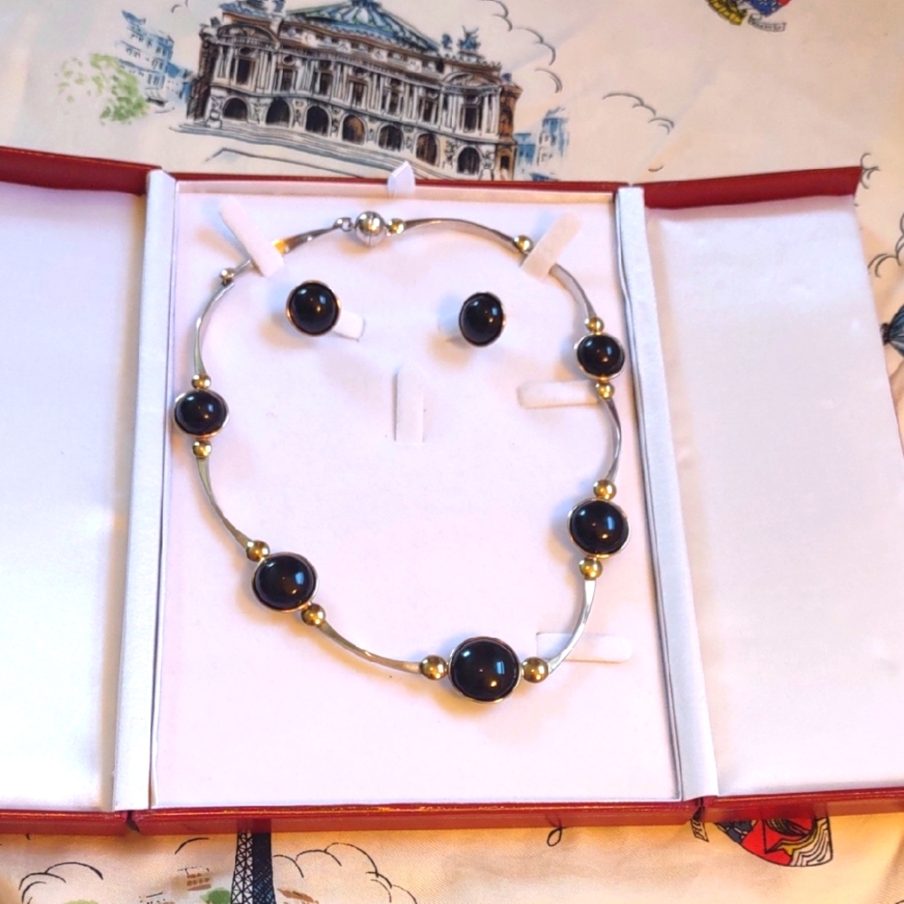 LAGOS Onyx and Sterling Silver Necklace and Earring Set.
